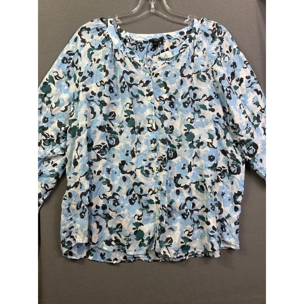 Ann Taylor Factory Blue Abstract Floral Button Front Blouse Petite Large LP